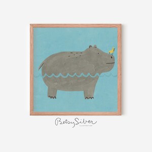 Lámina artística enmarcada de hipopótamo / Decoración de pared divertida para habitación infantil imagen 1