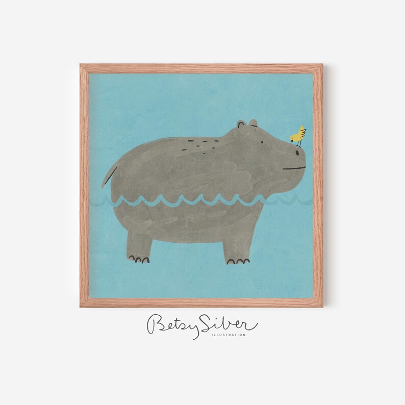 Lámina artística enmarcada de hipopótamo / Decoración de pared divertida para habitación infantil imagen 1