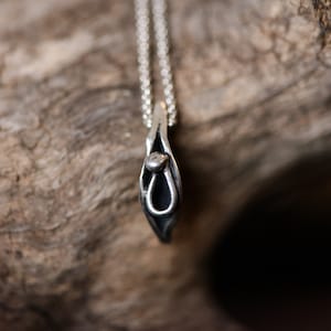 K&ouml;nnte beinhalten: Eine silberne Halskette mit einem Anh&auml;nger in Tropfenform. Der Anh&auml;nger hat oben eine kleine, runde, silberne Perle und eine glatte, schwarze Oberfl&auml;che.
