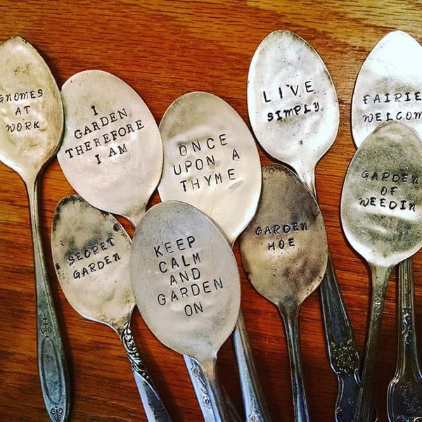 Custom Hand Stamped Spoon Plant Markers- Phrases (Made to Order)