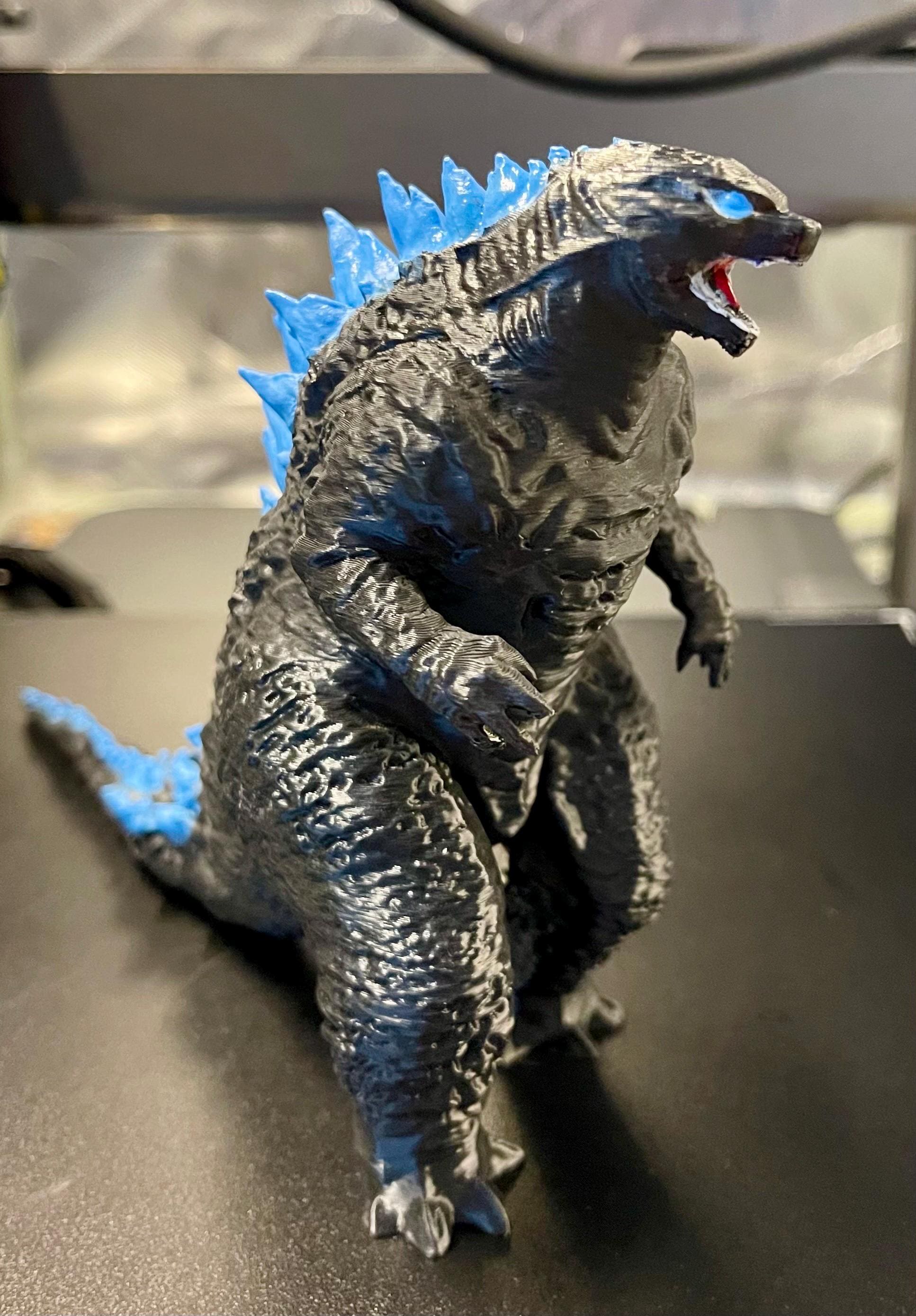 Classic Godzilla Figure: 7-inch 3D Printed Kaiju Toy, Blue Neon