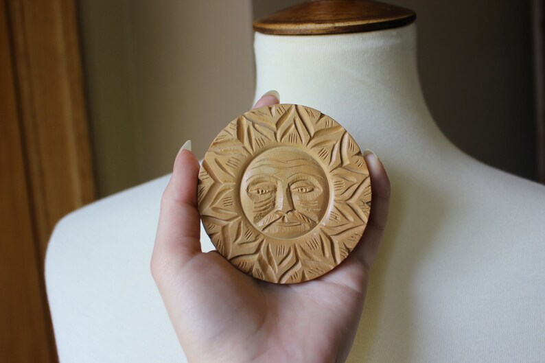 Carved Wooden Sun Man Brooch, Made in India, Mustache image 4