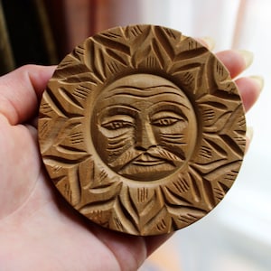 Carved Wooden Sun Man Brooch, Made in India, Mustache image 1