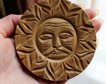 Carved Wooden Sun Man Brooch, Made in India, Mustache