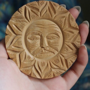 Carved Wooden Sun Man Brooch, Made in India, Mustache image 2