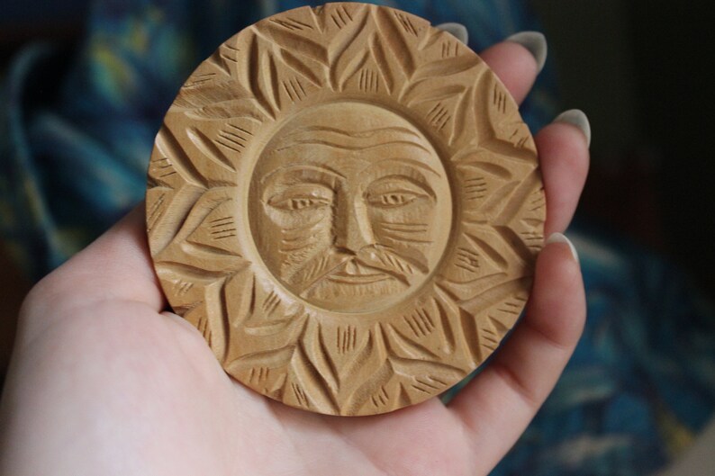 Carved Wooden Sun Man Brooch, Made in India, Mustache image 2