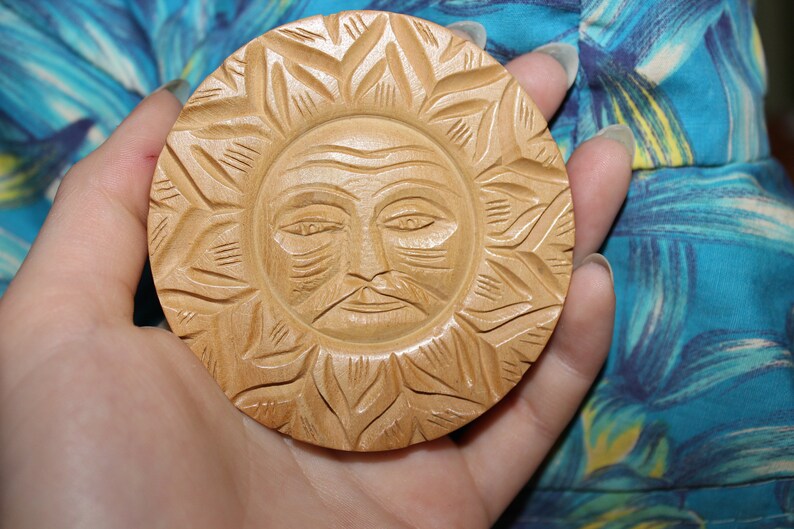 Carved Wooden Sun Man Brooch, Made in India, Mustache image 6