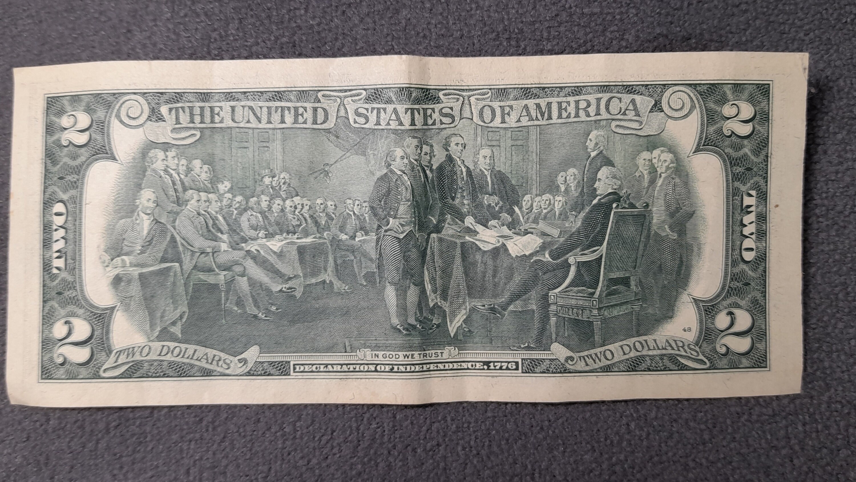 Lato Opposto Di 2 Banconote Da Due Dollari Serie 1976 Con Il Ritratto Del Presidente Thomas Jefferson, Vecchia Banconota Americana, Retro D'epoca Foto Stock - Foto 4