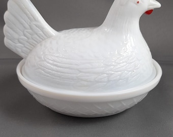 Vintage Hocking Milk Glass Hand Painted Hen on Nest