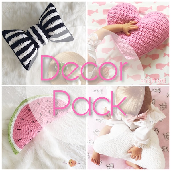 MULTI PACK - Pattern only - Decor pack, 4 crochet pillow patterns. Bow pillow, Heart Pillow, Cloud Pillow, Watermelon Pillow.