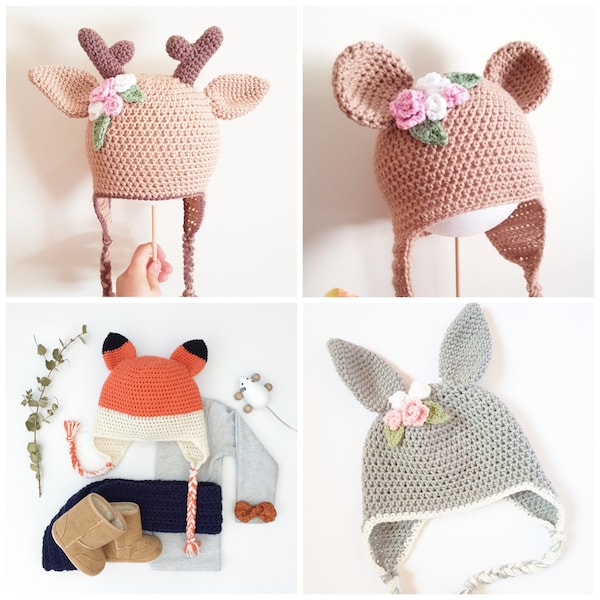 4in1 CROCHET PATTERN - Animal Crochet Beanie Pattern. Multiple design options. Baby/toddler/child crochet beanie pattern