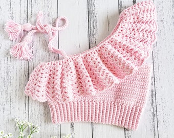 PATTERN ONLY - Crochet Isabella Crop. Baby, Toddler, Child sizes. Ribbed waist asymmetrical crop top with lace frill.