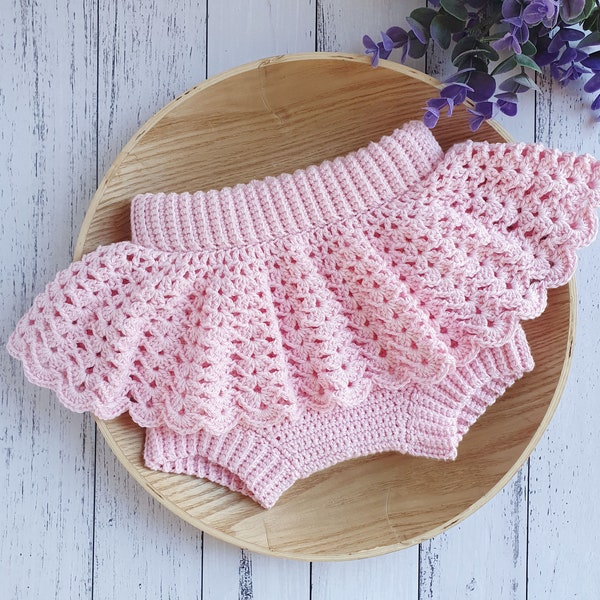 PATTERN ONLY - Isabella Bloomers. Baby/Toddler elastic waist bloomer shorts with lacey skirt. Crochet nappy cover.