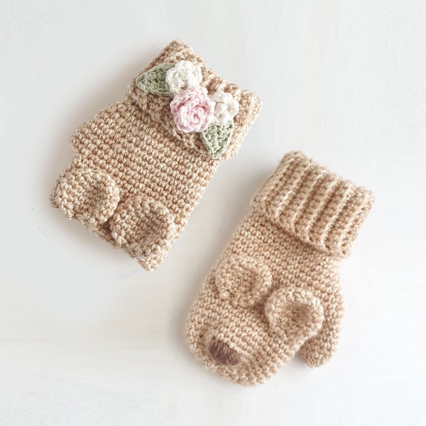 PATTERN ONLY - Crochet Bear Gloves. Fingerless and Mitten options. Optional floral detail. child/todder gloves