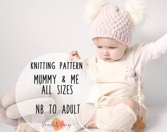PATTERN ONLY - Mummy & Me Chunky Knit Stephanie beanie. Newborn to Adult sizes. Knitting Pattern
