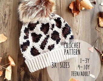 PATTERN ONLY - Child/Adult Leopard Print Slouch Beanie.