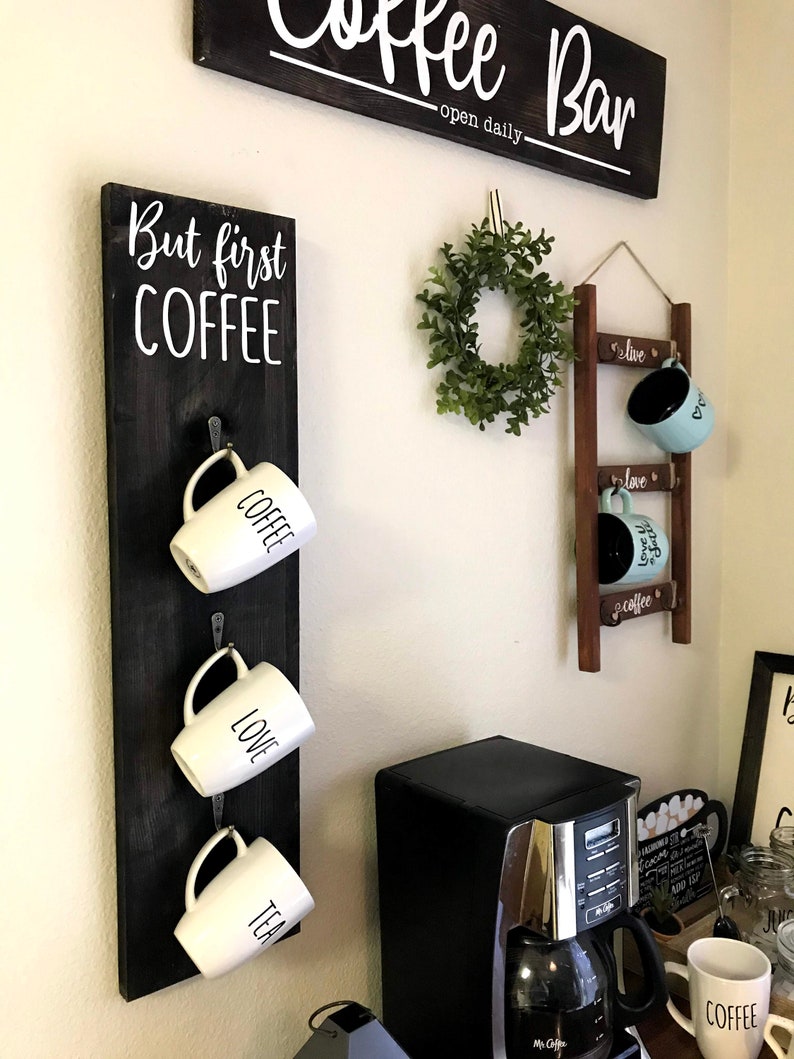 Coffee Mug Wall Rack / But First Coffee Sign / Farmhouse Wall Decor image 5