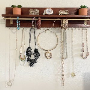 Handcrafted Wall Jewelry Organizer: Painted Wood, 23 Hooks