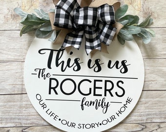 Front Door Decor | Door Hanger | This is Us family name Sign Front Door | Farmhouse Decor Wreath | Housewarming Gift First Home