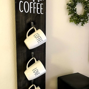 Coffee Mug Wall Rack / But First Coffee Sign / Farmhouse Wall Decor image 1