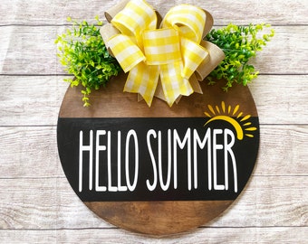 Front Door Decor | Hello Summer wreath | Summer door hanger | Round wooden door hanger | Hello Summer sign