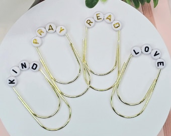 Lettered Gold Paperclip Bookmark, Charmed Planner Clip, Page Holder, Planner Accessories, Read Pray Love Kind