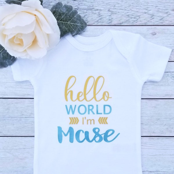 Hello World Bodysuit, Newborn Gift, Personalized Coming Home Outfit, Baby Clothes, Preemie Clothes, Baby Shower Gift, Baby Name Outfit, Blue