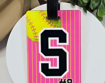 Pink Softball Bag Tag, Double-Sided, Personalized Girls Sports Bag Accessory, Softball Team Gift, Custom Softball Luggage Tag, Softball Gift
