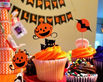 Halloween Cupcake Toppers, Pumpkin Topper, Bat Cupcake Toppers, Halloween Decorations, Halloween Party, Halloween Cupcakes, Halloween Topper