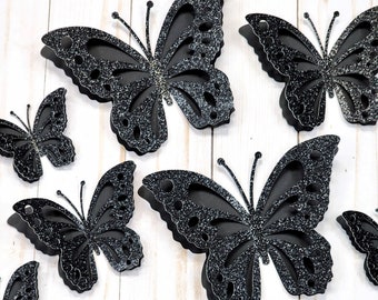 Black Glitter Halloween Butterflies, Black Paper Butterflies, 3D Butterfly Wall Decor, Halloween Decorations, Halloween Decor, Gothic Decor