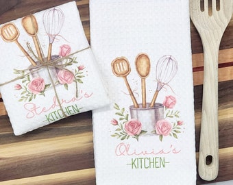 Personalized Coquette Kitchen Towel | Custom Name Tea Towel | Watercolor Floral Kitchen Decor | Housewarming Gift | Bridal Shower Gift
