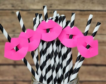 Lips Party Straws, Kisses Straw Toppers, Hot Pink Lips, Paper Straw, Bachelorette Décor, Bridal Shower Decoration, Sweet Sixteen Party Décor