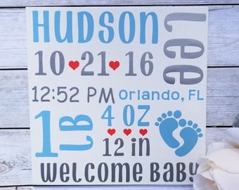 Personalized Birth Announcement Sign, Birth Stat Sign, Baby Name Art, Nursery Art, Canvas Sign, New Baby Gift, Baby Keepsake, Custom Sign