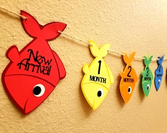 Ofishally One First Year Photo Banner, 12 Month Birthday Banner, First Year Picture Banner, Fish Birthday Banner, Newborn to 12 Month Photos