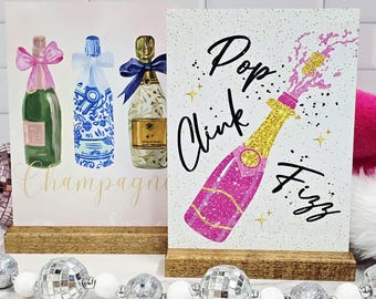 Pink Champagne Metal Sign, New Years Eve Decorations, Coquette Bachelorette Party, Pop Clink Fizz Party Sign, Glam Pink Bar Cart Accent