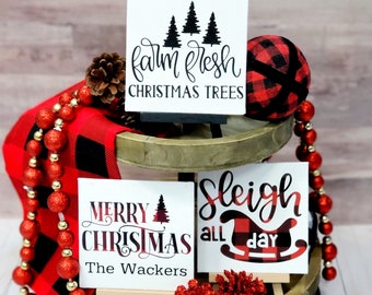 Buffalo Plaid Tiered Tray Christmas Sign, Farmhouse Holiday Decorations, Personalized Mini Christmas Signs, Christmas Gift, Seasonal Décor