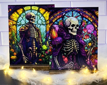 Stained Glass Inspired Skeleton Sign, Halloween Metal Tin Sign w Base, Halloween Decor, Gothic Skeleton Decor, Vintage Skull, Halloween Sign