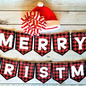 Red Buffalo Plaid Merry Christmas Banner, Christmas Decorations, Christmas Mantle Décor, Holiday Décor, Christmas Banner, Holiday Banner