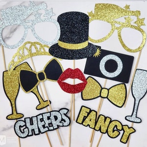 Fancy Photo Booth Props, Fully Assembled, Set of 12, Glitter Photobooth Props, For Weddings, Parties, Graduation, or New Years, Selfie Booth