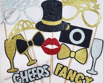 Fancy Photo Booth Props, Fully Assembled, Set of 12, Glitter Photobooth Props, For Weddings, Parties, Graduation, or New Years, Selfie Booth