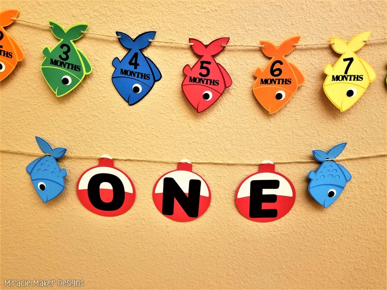 K&ouml;nnte beinhalten: Ein farbenfrohes Fisch-Banner mit blauen, roten, gr&uuml;nen, gelben und orangefarbenen Fischen. Jeder Fisch hat eine Nummer und das Wort &bdquo;Monate&ldquo; darauf gedruckt. Das Banner enth&auml;lt au&szlig;erdem drei rot-wei&szlig;e Angelposen mit den Buchstaben &bdquo;O&ldquo;, &bdquo;N&ldquo; und &bdquo;E&ldquo; darauf gedruckt.
