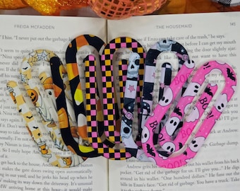 Halloween Paperclip Bookmarks with Spooky Cute Ghosts, Checkered Skeleton, Candy Corn Aesthetic, Trendy Paperclip Page Markers, Bookish Gift