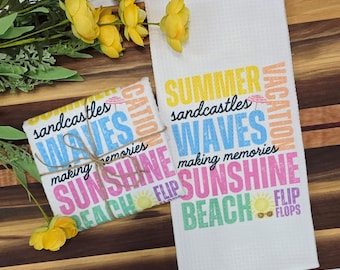 Summer Kitchen Towel, Colorful Summer Home Decor, Summer Words Waffle Weave Towel for Beach House or Vacation Home, Bright Coastal Decor