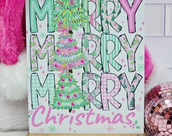Pink Merry Christmas Metal Sign, Pink & Green Christmas Decor, Coquette Christmas Trees, Pastel Christmas Decorations