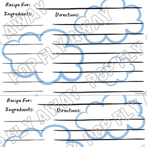 May include: White recipe cards with black lines for writing. Each card has the words "Recipe For:" "Ingredients:" and "Directions:" printed at the top. A light blue cloud shape frames the writing area. The words "Pop Fly Away" are printed on the cards.