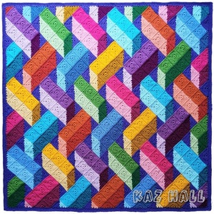 Rainbow Bricks Blanket Crochet Pattern - Instant Digital Download PDF- 3D Design Tumbling Blocks Optical Illusion Solid Granny Square Throw