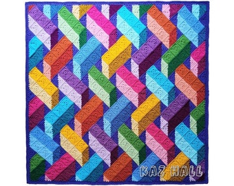 Rainbow Bricks Blanket Crochet Pattern - Instant Digital Download PDF- 3D Design Tumbling Blocks Optical Illusion Solid Granny Square Throw