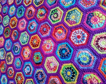 Groovy Hex Throw Crochet Blanket  Pattern - Instant Digital Download PDF - Retro Granny Hexagons Design  Afghan Rug Hexagon