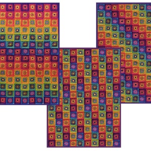 Kaleidoscope Crochet Blanket Pattern - 4 Designs Included - Instant Digital Download PDF - Granny Square Design Rug Throw Hippy Boho Rainbow