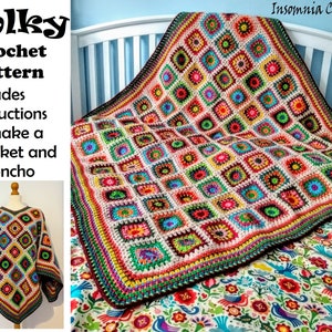 Könnte beinhalten: Ein farbenfrohes Häkelmuster für eine Decke und einen Poncho. Das Muster enthält Anleitungen zum Häkeln einer Decke und eines Ponchos. Die Decke besteht aus Quadraten in verschiedenen Farben und Größen. Der Poncho ist ein schlichtes Design mit V-Ausschnitt und Fransen.